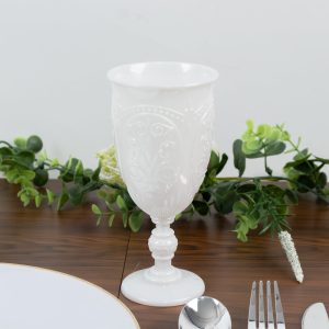24-Pack Plastic Vintage Goblets – 10oz Pearl White Retro Embossed Wine Glasses, Elegant Water & Juice Cups - 7" Tall